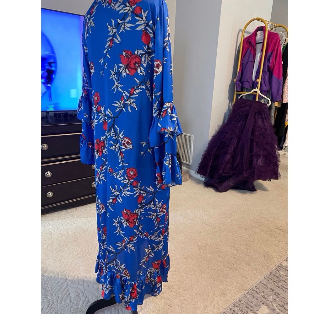 Lobo Rosa Blue Floral Maxi Kimono Duster M Double Flutter Sleeve Ruffle Hem Boho - Picture 6 of 7